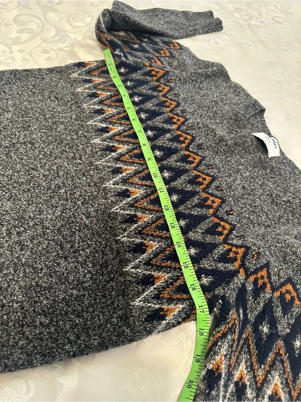 Old Navy Boy’s Charcoal Fair Isle Crewneck Sweater with Navy & Brown Pattern